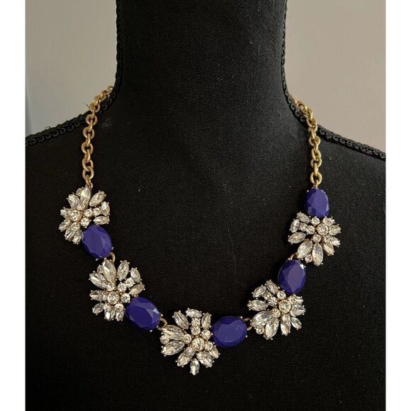 J. Crew Cobalt Royal Blue W Clear Rhinestones Goldtone Statement Necklace Chunky - Picture 3 of 11